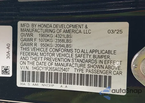 2025 Honda Accord Lx из США, поврежденный, VIN 1HGCY1F26SA025407